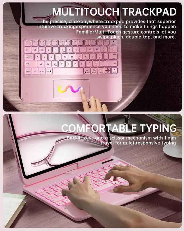 Alt view image 4 of 5 - Intermerge for iPad Pro 13(M4,2024) Case with Keyboard Clear,360° Rotatable Multi-Touch Trackpad,7-Color Backlit Magnetic Keyboard Case with Pencil Holder and Type-C Charging - Pink