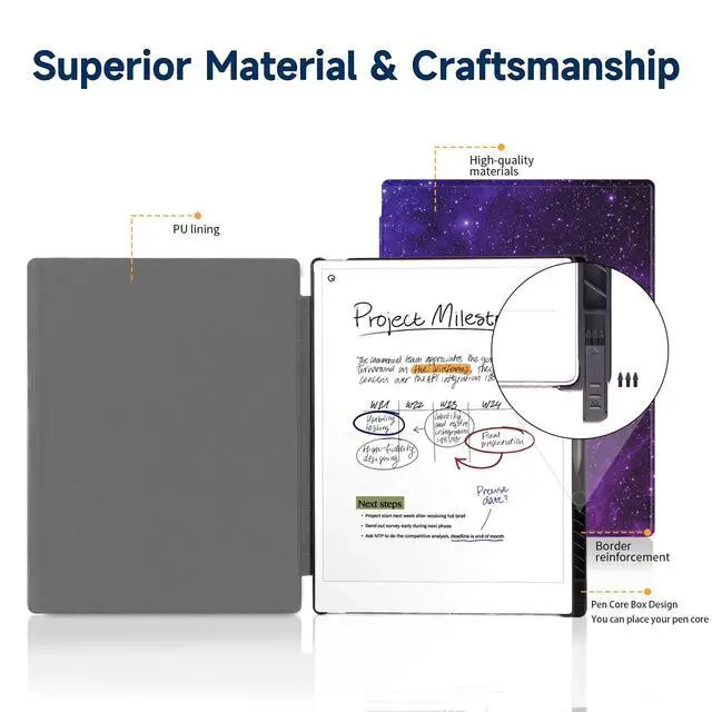 Alt view image 2 of 5 - QIOFEARTH Case for Remarkable Paper Pro Tablet 11.8" (2024 Released) Lightweight and Hard Back Shell Protective Book Folio Cover,Have Auto Sleep/Wake,Pen Holder and Pen Tips Box (Starry Sky Purple)