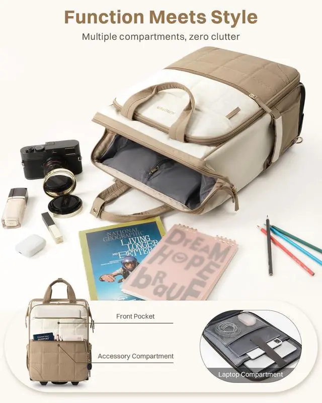 Alt view image 3 of 5 - Rolling Puffer Backpack for Women, Wheeled Laptop Backpack, Short-Term Travel Backpack with Wheels, Roller Adults Work Computer Bag, Water Resistant Overnight College Underseat Carry on Luggage, Black