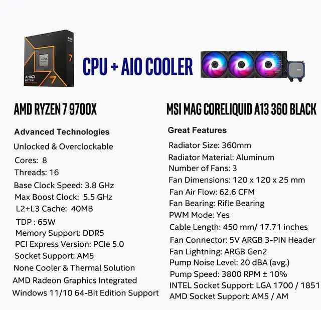 Alt view image 2 of 5 - MICRO CENTER CPU AIO Combo - AMD Ryzen 7 9700X CPU Processor with MSI MAG Coreliquid A13 360 AIO ARGB CPU Liquid Cooler 360mm Radiator LGA 1700/1851 / AM5/ AM4 Compatible