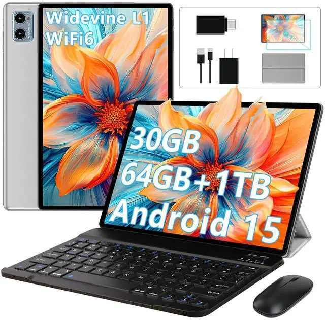 Main image of SUAAT 10 Inch Tablet Android 15 Tablets with Keyboard, 30GB 64GB 1TB Expand Tab PC with 2.0GHz Octa-Core, 8MP Camera, 6000mAh, GMS, WiFi 6, BT 5.0, FHD Display, Widevine L1, Gemini AI (Gray)