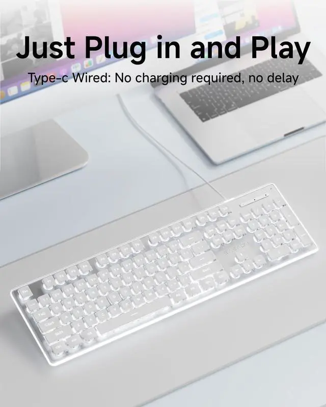 Alt view image 3 of 5 - SEUNKWANG EWEADN GX710S Backlit Computer Keyboards, Wired USB Keyboard with White Backlit, Metal Panel, Plug and Play, Pudding Keycaps Full Size Quite Computer Keyboard for Win/PC/Laptop-White