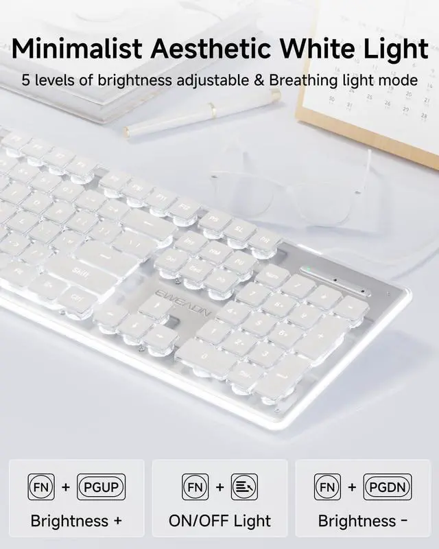 Alt view image 4 of 5 - SEUNKWANG EWEADN GX710S Backlit Computer Keyboards, Wired USB Keyboard with White Backlit, Metal Panel, Plug and Play, Pudding Keycaps Full Size Quite Computer Keyboard for Win/PC/Laptop-White