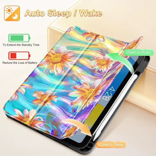 Alt view image 3 of 5 - Mektron Case for iPad (A16) 11th Generation 11-inch 2025 Fit iPad 10th Gen 10.9 inch 2022, Tablet Cover with Trifold Stand + Pencil Holder + Auto Wake/Sleep + TPU Back Cover, Classic Painted Flowers