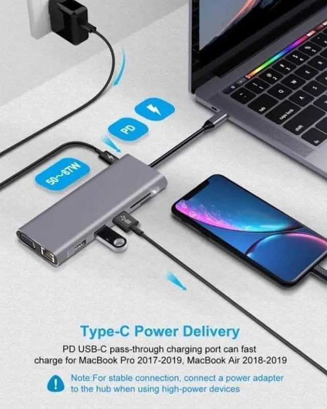 Alt view image 4 of 5 - USB C Hub,Docking Station Compatible MacBook Pro & MacBook Air, ipad Pro,Dell XPS, MacBook Docking Station (DP ALT) with 2 HDMI, VGA, Ethernet, Audio, 4 USB Ports, USB-C PD, SD/TF