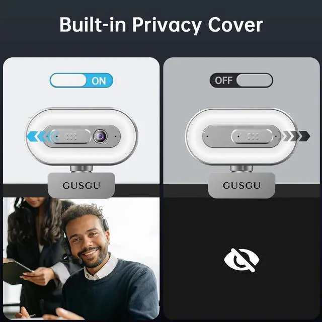 Alt view image 5 of 5 - GUSGU G920 2K Quad HD Webcam for PC, Auto Focus, with Microphone & Light & Privacy Cover, Web Camera for Desktop Computer/Laptop/MacBook, USB Streaming Camera