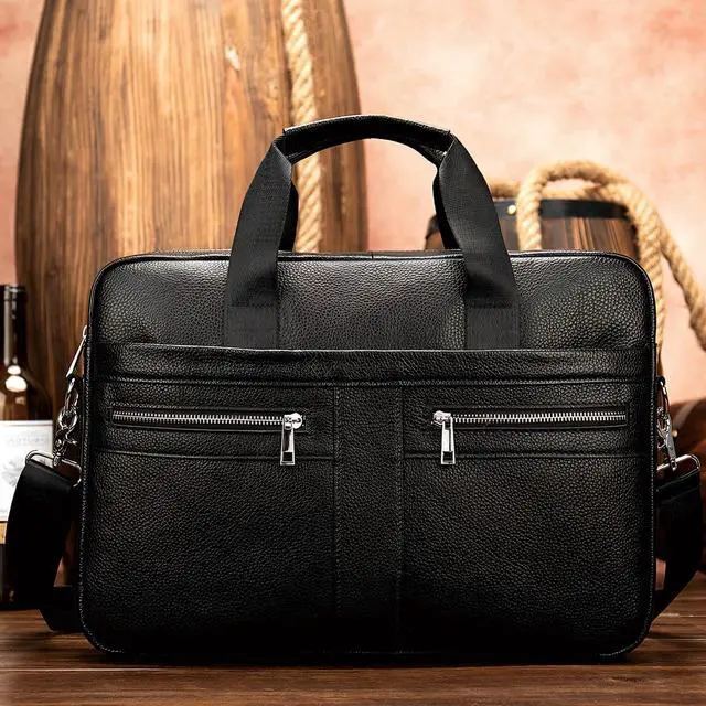 Alt view image 2 of 4 - Leather Briefcase for Men, 15.6-16.1 inch Laptop Bag, Vintage Handmade Messenger Bag (Black)