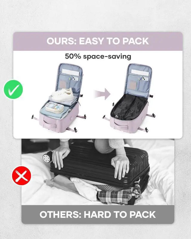 Alt view image 3 of 5 - Vacuum Travel Backpack with Pump for Women, Personal Item Carry on Backpacks Flight Approved 18x14x8 inches for Men,Laptop Waterproof Work Compression bags Casual Daypack. (Pink)