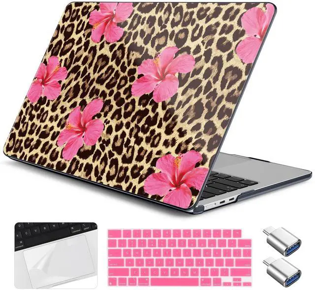Main image of Yebiseven for MacBook Air 13.6 Inch M4/M3/M2 Case 2025 2024 2023 2022 Released A3240/A3113/A2681, Laptop Hard Shell Case with Keyboard Cover & Trackpad Protector & 2 OTG Adapters, Leopard Flowers