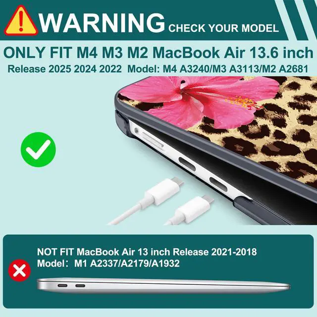 Alt view image 4 of 5 - Yebiseven for MacBook Air 13.6 Inch M4/M3/M2 Case 2025 2024 2023 2022 Released A3240/A3113/A2681, Laptop Hard Shell Case with Keyboard Cover & Trackpad Protector & 2 OTG Adapters, Leopard Flowers
