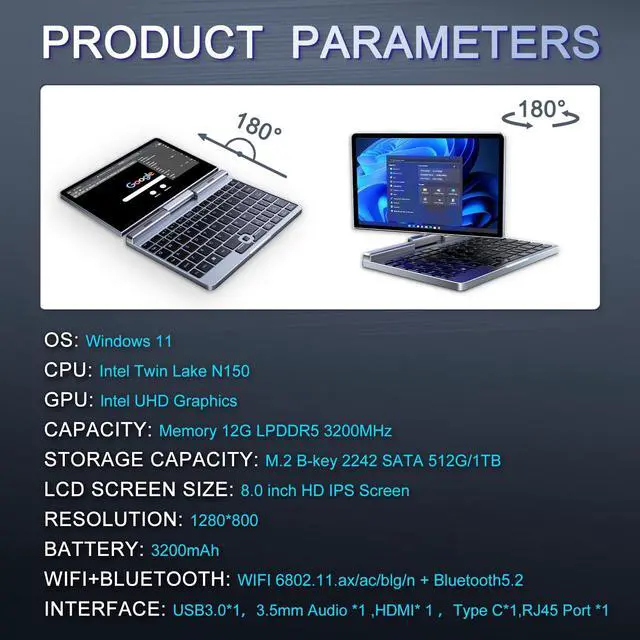 Alt view image 5 of 5 - KOOTIGERS Mini Laptop 8" 2-in-1, Laptop Computer Win 11, Intel N150(up to 3.6GHz), 12GB RAM 1TB SSD, Touchscreen HD, Backlit Keyboard, Wi-Fi 6, USB-C, Lightweight Portable PC for Work/Kids/School