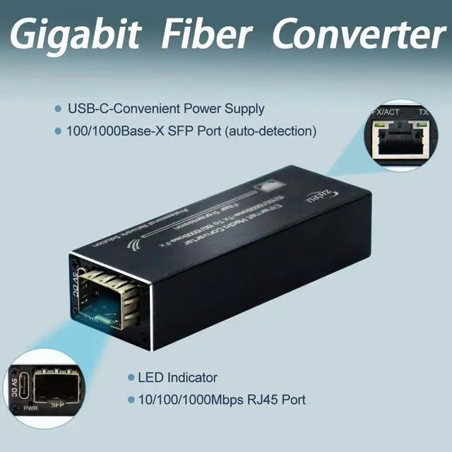 Alt view image 5 of 5 - PoE Powered Gigabit Media Converter, 10/100/1000TX to SFP Fiber, Supports 120km, Multi/Single Mode SFP, Dual Power (Type-C DC or IEEE 802.3at PoE+), for IP Surveillance, Network Extension