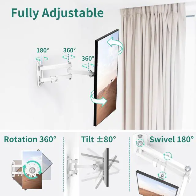 Alt view image 3 of 5 - PlusAcc Wall Mount for Show 21 & Show 15 & 13-27 Inch Monitors TVs, Adjustable Full Motion Mounting Shelf with 17" Extension Arm, Rotation Swivel Tilt Wall Stand Bracket, Hold Up to 33lbs (White)