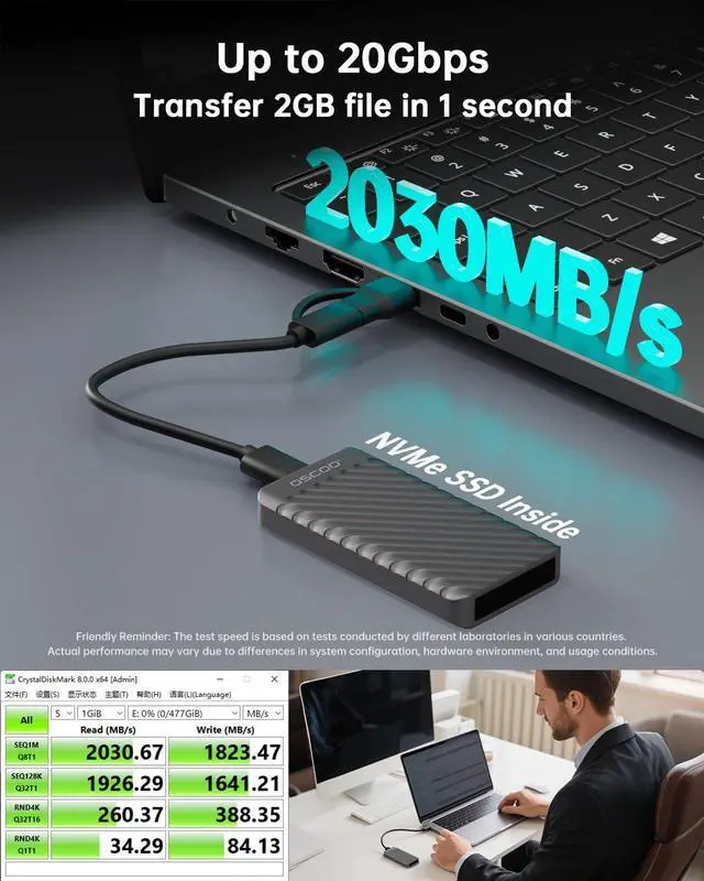 Alt view image 2 of 5 - OSCOO 4TB Portable SSD, Up to 2000MB/s, USB 3.2 Gen 2x2 External Solid State Drive, Dual USB-C&A, Compatible with iPhone 15/16/17, Android, Mac, Laptops, Tablets, Smart TVs, Cameras, Game Consoles