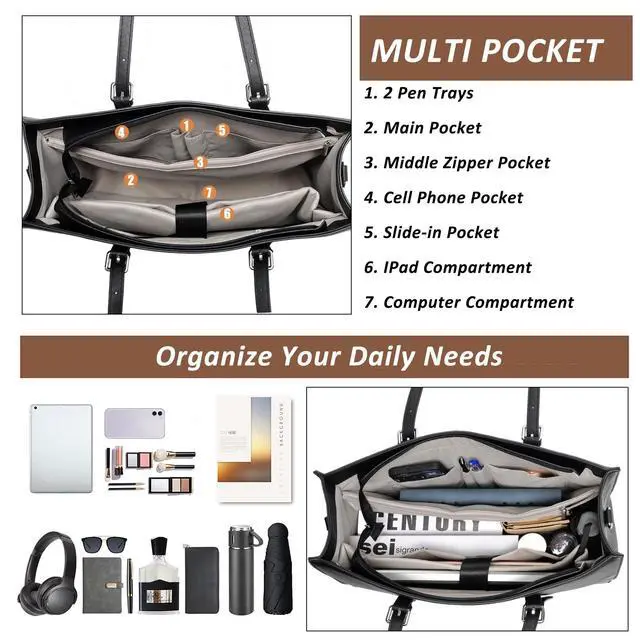 Alt view image 4 of 5 - TANTOMI Large Laptop Tote Bag for Women 15.6 Inch Waterproof, Handbag Briefcase Shoulder Bag, Business, Office, Campus, Travel, Work Bags, Black