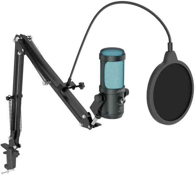 Main image of JARO USB Podcast Microphone with Boom Arm, Studio Condenser Mic with Real-Time Monitoring, Mute, Volume Control Ideal for Voice & Singing (Dark Black)