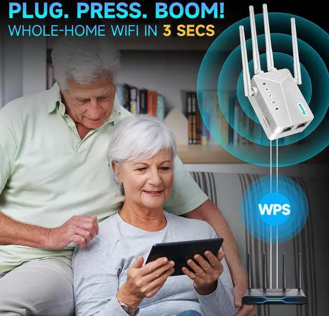 Alt view image 4 of 5 - WiFi Extender Signal Booster for Whole Home & Backyard - 10K Sq.Ft Coverage w/4 Antennas | 90% Faster Internet Booster w/Ethernet Port, Easy Setup Wireless Repeater Works with Any Router | Long Range