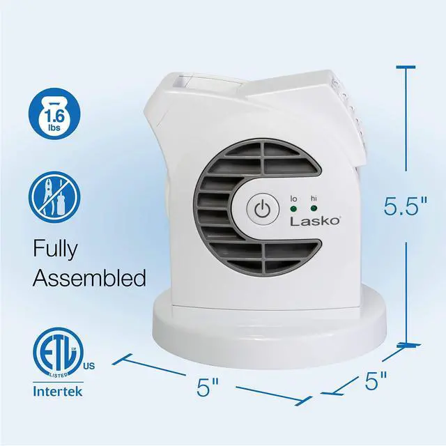 Alt view image 2 of 5 - Lasko MyCool D300 Mini USB Desk Fan with 40in. USB Cable and Bonus AC Adapter  Small Quiet Portable Personal 2-Speed Fans for Staying Cool at Home, Work, Office, Dorm, Car, and Travel, White