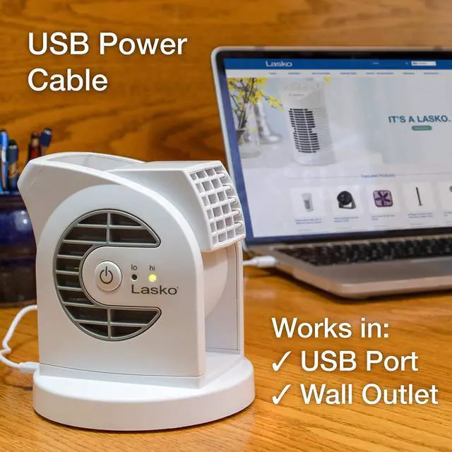 Alt view image 5 of 5 - Lasko MyCool D300 Mini USB Desk Fan with 40in. USB Cable and Bonus AC Adapter  Small Quiet Portable Personal 2-Speed Fans for Staying Cool at Home, Work, Office, Dorm, Car, and Travel, White