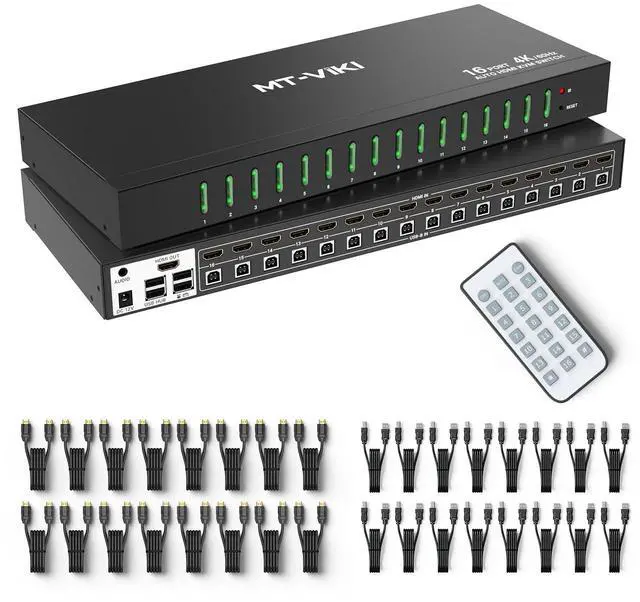 Main image of MT-VIKI 16 Port KVM Switch HDMI 4K@60Hz w/IR Remote, Support Keyboard Hotkey Switch 1U Rack Mount KVM HDMI with 3.5mm Audio, 16 Pack Cables Included (Industrial Grade)