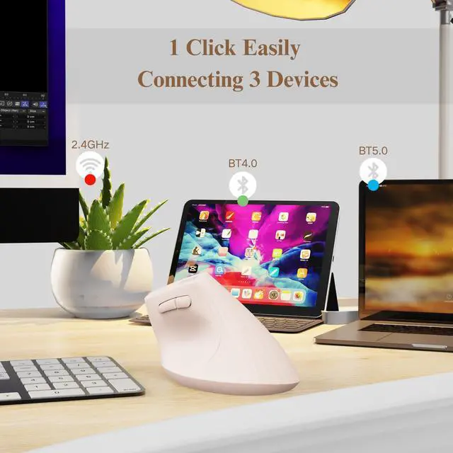 Alt view image 2 of 5 - Ergonomic Wireless Mouse Pink,Bluetooth Vertical Mouse with BT5.0/4.0/2.4G, Rechargeable with Battery Indicator,Ergonomic Design for Comfort and Reduced Wrist Strain for Home,Office Use Pink