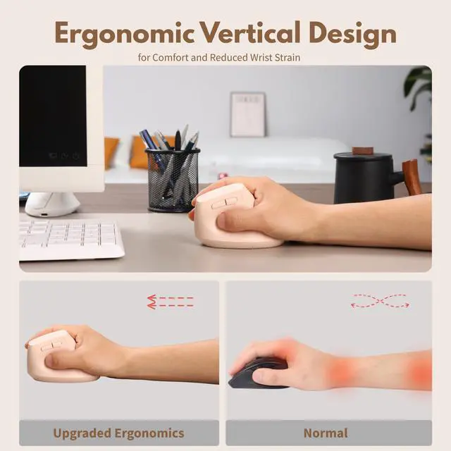 Alt view image 3 of 5 - Ergonomic Wireless Mouse Pink,Bluetooth Vertical Mouse with BT5.0/4.0/2.4G, Rechargeable with Battery Indicator,Ergonomic Design for Comfort and Reduced Wrist Strain for Home,Office Use Pink