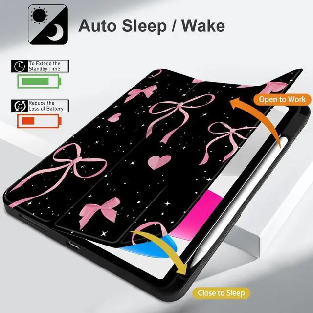 Alt view image 3 of 5 - MEEgoodo Case for iPad A16 11th Generation 11 inch 2025/iPad 10th Generation 10.9 inch 2022, Tablet Cover with Trifold Stand + Pencil Holder + Auto Wake/Sleep + Soft TPU Back Cover, Pink Ribbons Bows