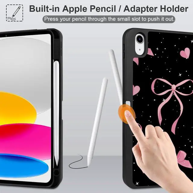 Alt view image 4 of 5 - MEEgoodo Case for iPad A16 11th Generation 11 inch 2025/iPad 10th Generation 10.9 inch 2022, Tablet Cover with Trifold Stand + Pencil Holder + Auto Wake/Sleep + Soft TPU Back Cover, Pink Ribbons Bows