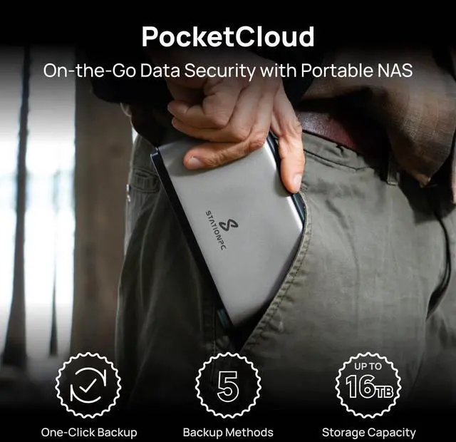 Alt view image 2 of 5 - STATIONPC PocketCloud Portable NAS with M.2 NVMe & SD Slots, up to 8TB Capacity (Diskless), One-Click Backup,Supports Wi-Fi 6, LCD Display, App Control, 3200mAhx2 Replaceable Batteries for Outdoor Use