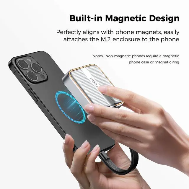 Alt view image 3 of 5 - RSHTECH Magnetic M.2 NVMe SSD Enclosure 10Gbps USB C 3.2 to NVME Adapter Support PD 100W and SSD Size 2230/2242 B+M M-Key for iPhone 16 15 Pro/Pro Max/Plus ProRes, iPad Pro and More