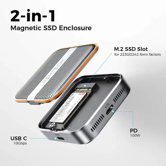 Alt view image 2 of 5 - RSHTECH Magnetic M.2 NVMe SSD Enclosure 10Gbps USB C 3.2 to NVME Adapter Support PD 100W and SSD Size 2230/2242 B+M M-Key for iPhone 16 15 Pro/Pro Max/Plus ProRes, iPad Pro and More