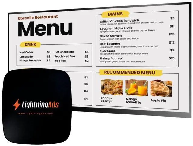 Main image of LIGHTNING ADS Digital Signage Player for Restaurants  No Subscription Needed, Includes Free Upload & Menu Scheduler, Unlock Affordable Premium Tools: Template Builder & AI Enhancer