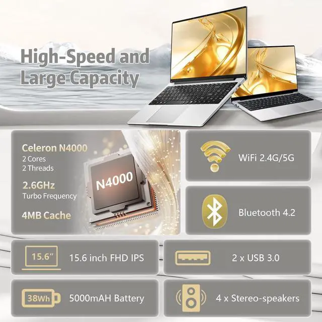 Alt view image 2 of 5 - 15.6 inch Laptop, Laptops with Celeron N4000, 2025 Gaming Laptop for 12GB LPDDR4 256GB SSD, IPS FHD 1920x1080, WiFi+BT4.2+Mini HDMI+TF Card Slot, Traditional Laptops Computers Convertible 180 Netbook