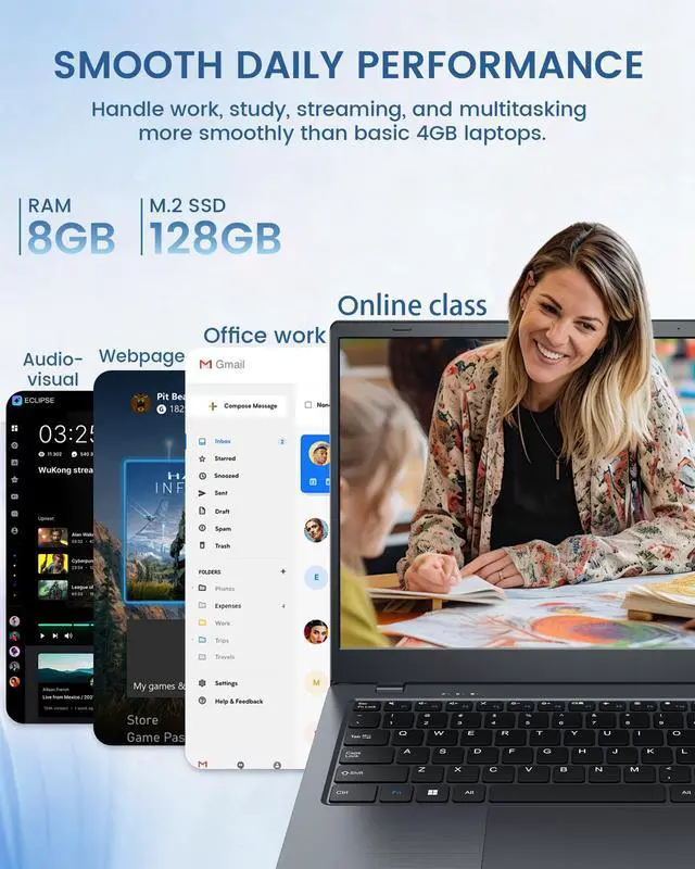 Alt view image 3 of 5 - KINOBUC Laptop 14 Inch, Lightweight Laptops for School & Work, Pentium Gold 6500Y (Up to 3.4GHz), 8GB RAM 128GB SSD, 1080P FHD IPS Screen, USB C, USB 3.2, WiFi, HDMI