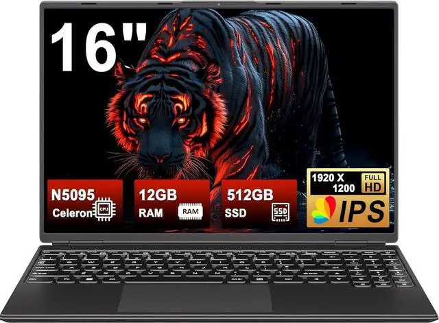 Main image of NOTODD 2026 16 Inch Gaming Laptop N5095 (Up to 2.9 GHz) 12GB+512GB SSD Support 1TB Expand Win 11 Laptops 1920 * 1200 FHD Screen 5G WiFi BT 4.2 Webcam Cooling Fan Numeric Keypad -Black
