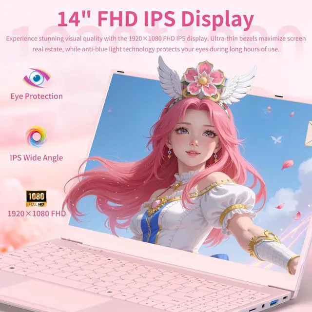 Alt view image 4 of 5 - OMSERVB 14" IPS-FHD-Laptop, N5059 up to 2.9 GHz, 16GB DDR4 RAM, Up to 1TB NVMe SSD, FHD IPS Display, Webcam Privacy Shutter, Wi-Fi- Pastel Pink, Win 11, Multi-Ports Lightweight(16GB RAM+256GB SSD)