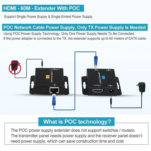 Alt view image 2 of 5 - avedio links 196ft/60m HDMI Extender Over Cat 5e/6/7, 1080P HDMI Ethernet Extender Balun Adapter with Single POC Power Supply, Support 3D, EDID, Deep Color, Compatible with DVD, Fire Stick, Roku, P