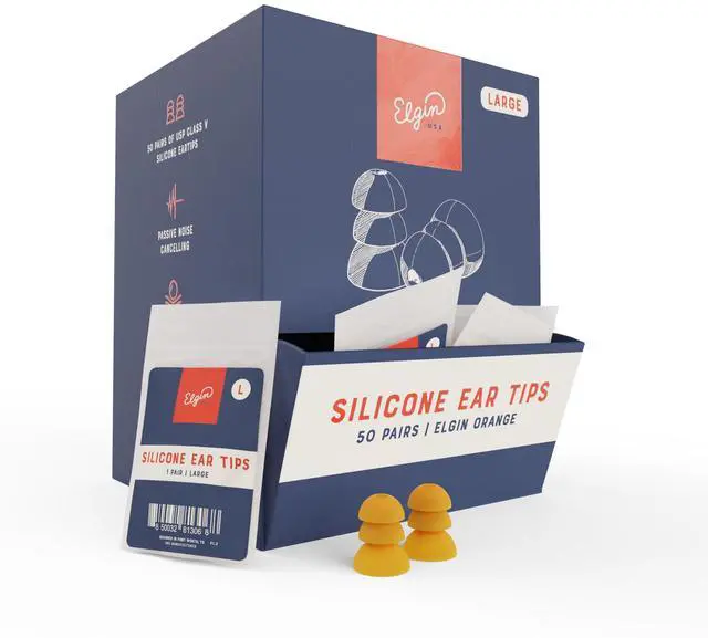 Alt view image 2 of 5 - Elgin Large Silicone Replacement Ear Tips, Silicone Earbud Tips for Bluetooth Headphones, Secure Fit Noise Reducing Ear Tips for Work, Travel and Outdoor Jobsite, 50 Individually Packaged Pairs