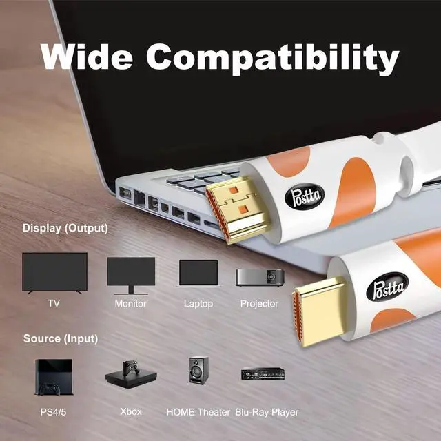 Alt view image 2 of 5 - Postta Flat HDMI Cable 40 Feet 4K HDMI2.0 Cable Support 4K(2160P),3D,1080P,Ethernet,Audio Return(White-Orange)