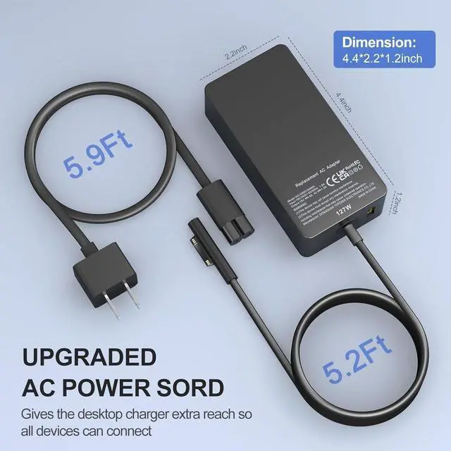 Alt view image 4 of 5 - Surface Pro Charger 127W, Surface Book 3 Charger Replacement for Microsoft Surface Book 3 2 1, Surface Pro X 9 8 7 6 5 4 3, Surface Laptop 5 4 3 2 1, Surface Go 3 2 1 with 11FT Power Supply Co