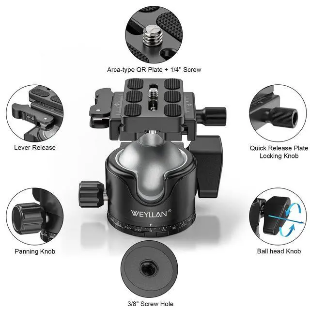 Alt view image 3 of 5 - WEYLLAN EH46L Lever Ball Head with Stainless Steel Lock Pin, 46mm Low Profile Heavy Duty Tripod Ball Head Mount with Arca Swiss Quick Release Plate for Tripod Monopod DSLR Camera Camcorder Telescope