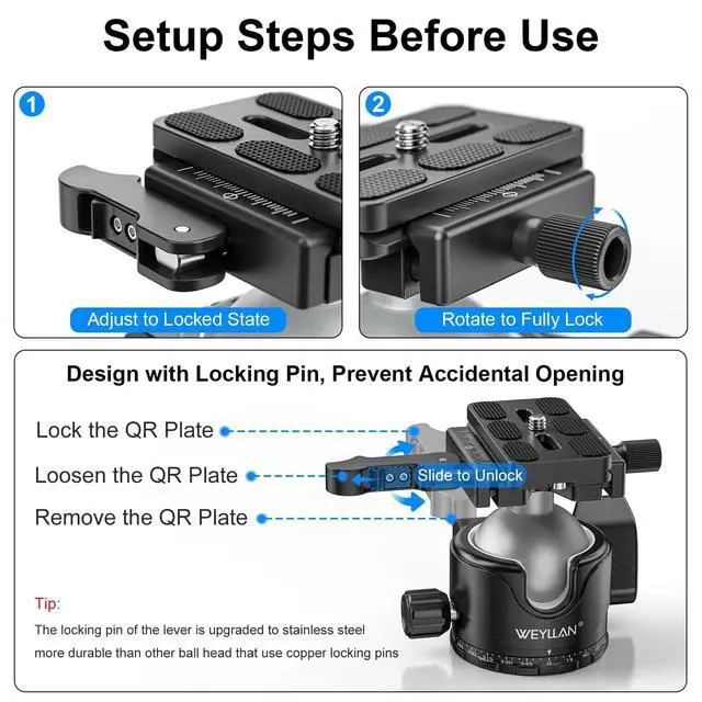 Alt view image 4 of 5 - WEYLLAN EH46L Lever Ball Head with Stainless Steel Lock Pin, 46mm Low Profile Heavy Duty Tripod Ball Head Mount with Arca Swiss Quick Release Plate for Tripod Monopod DSLR Camera Camcorder Telescope