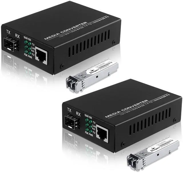 Main image of 2-Pack Fiber to Ethernet Media Converter with Gigabit Multi-Mode SFP LC Module, 1.25G SFP to 10/100/1000M RJ45, MMF, 850nm, up to 550m (1804 ft)