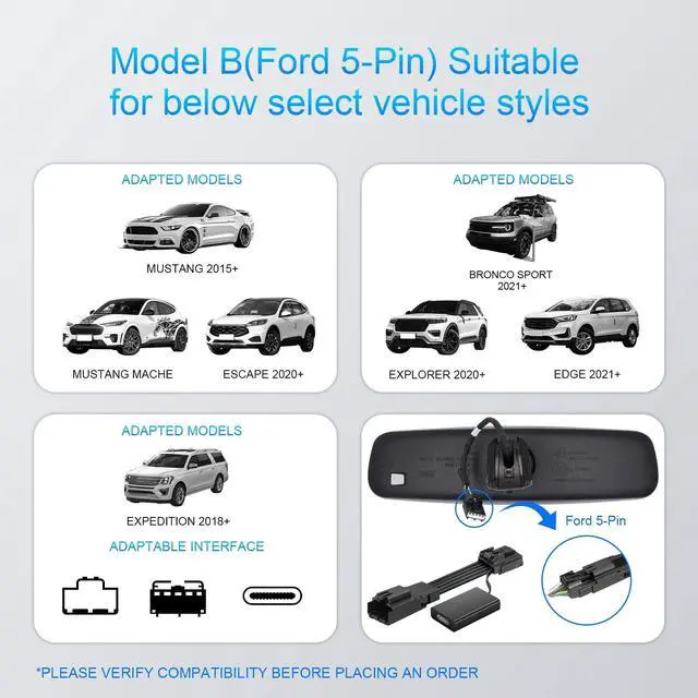 Alt view image 5 of 5 - mangoal Dashcam Power Adapter Custom for Ford 5 Pin (Model B) for Mustang Mache Explorer Edge Expedition & More, Connect Auto-Dimming Connector(Hidden)