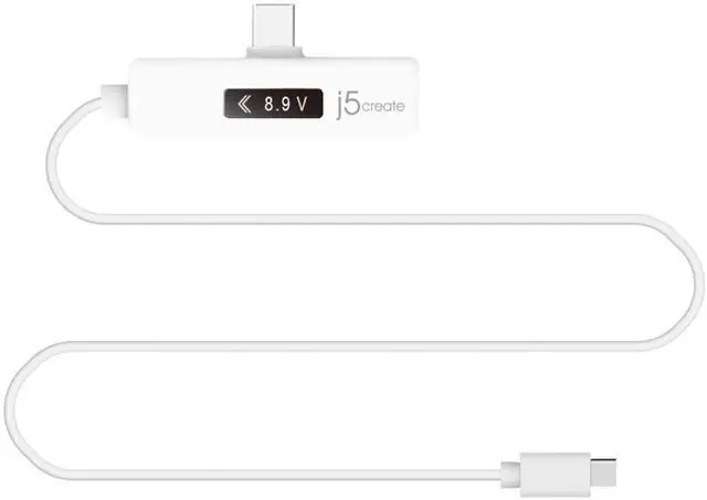Main image of j5create USB-C to USB-C 2.0 Right Angle Cable with Dynamic Power Meter (4ft) Support Power Delivery 2.0 with E-Marked IC Chip and OLED Display