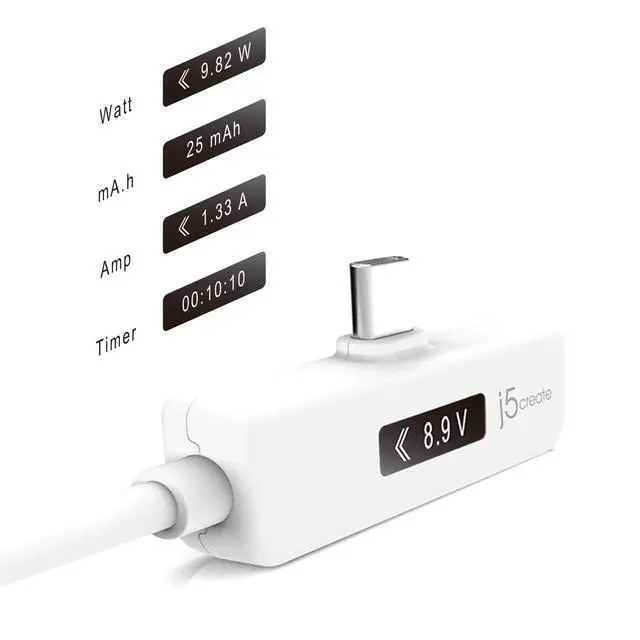Alt view image 4 of 5 - j5create USB-C to USB-C 2.0 Right Angle Cable with Dynamic Power Meter (4ft) Support Power Delivery 2.0 with E-Marked IC Chip and OLED Display