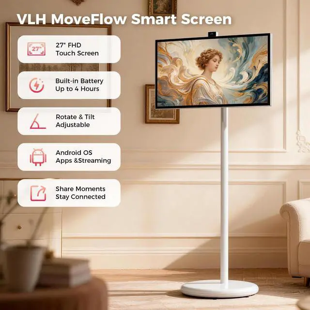 Alt view image 2 of 5 - 27" Portable Smart Touchscreen Tablet TV on Wheels, Android 15 OS Mobile Smart Display with Google EDLA Certification, 6GB+128GB, Built-in Battery, 4K Camera, Wireless Casting, Rotating Rolling