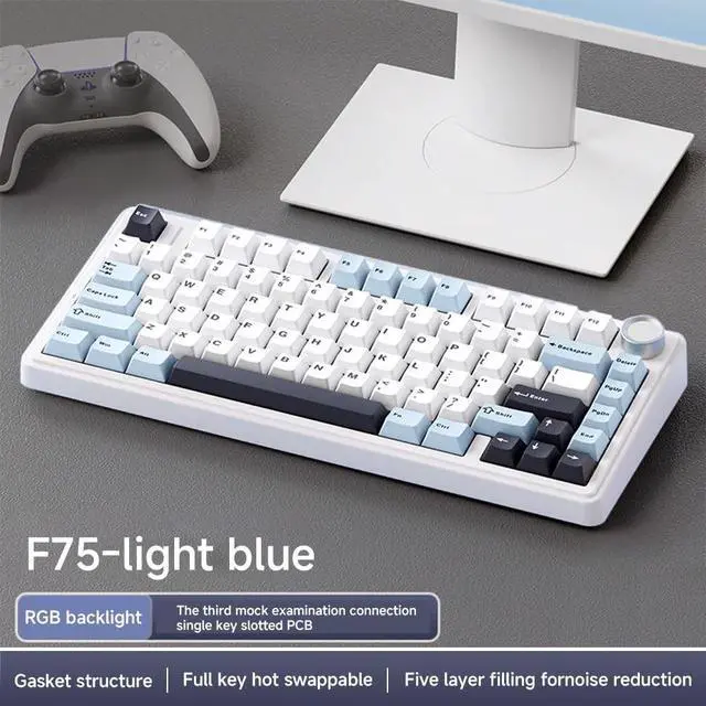 Alt view image 2 of 5 - Shaking Tank x Aula F75 Gasket Mechanical Keyboard, 75% Wireless Hot Swappable Gaming Keyboard with Five-Layer Padding&Knob, Bluetooth/2.4GHz/USB-C, RGB (Light Blue, Ice Vein Switch)