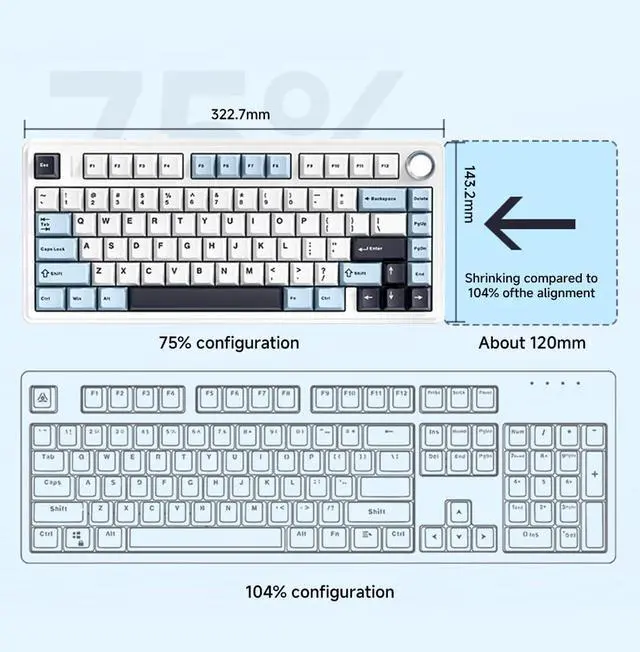Alt view image 4 of 5 - Shaking Tank x Aula F75 Gasket Mechanical Keyboard, 75% Wireless Hot Swappable Gaming Keyboard with Five-Layer Padding&Knob, Bluetooth/2.4GHz/USB-C, RGB (Light Blue, Ice Vein Switch)