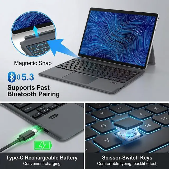 Alt view image 4 of 5 - K19M Wireless Keyboard,OEM Replacement Palmrest Keyboard,for Dell Latitude 2-in-1 7320 7310 7200 7210 Detachable Tablet,Bluetooth 5.3 Connection,Magnetic Hinge, 7-Color LED Backlit Keys,Mult